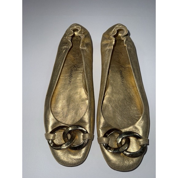 Juicy Couture Gold Leather Ballet Flats Chain Accent Made in Italy Women's 7.5 - Picture 5 of 7